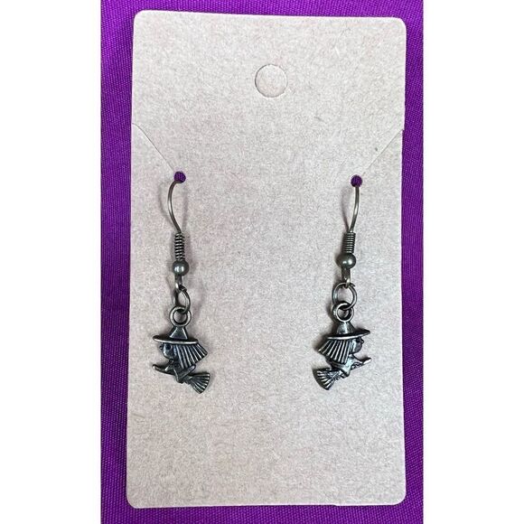 Handmade Dangly Bronze Witch On Broomstick Earrings - Picture 1 of 3